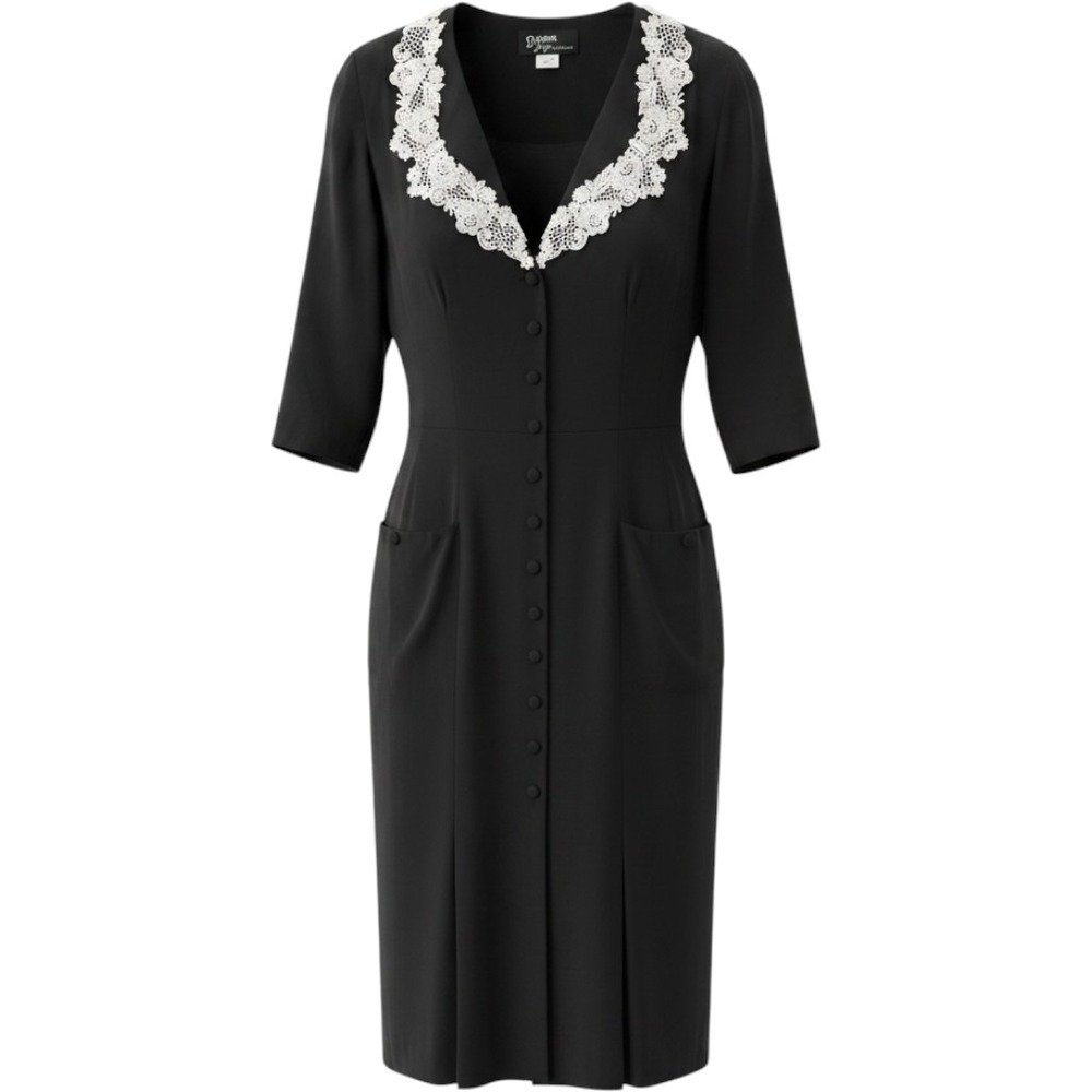 Dawn Joy Fashions Vintage Black Lace Collar Button Front Midi Dress Size 6